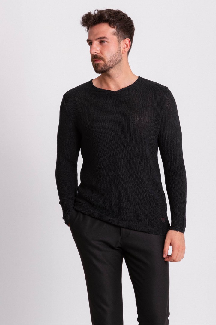 Black Cotton And Acrylic Fabric With Crew Neck Detail Casual Men's Knitwear