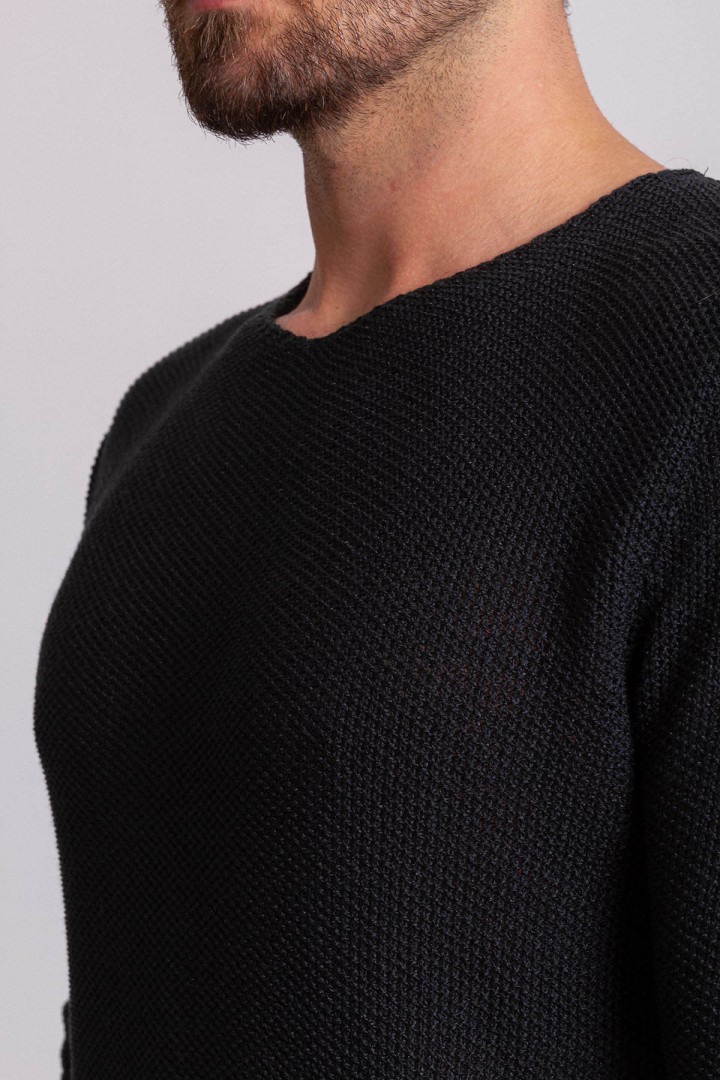 Black Cotton And Acrylic Fabric With Crew Neck Detail Casual Men's Knitwear