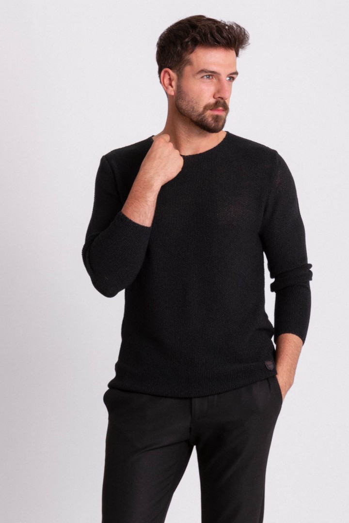 Black Cotton And Acrylic Fabric With Crew Neck Detail Casual Men's Knitwear