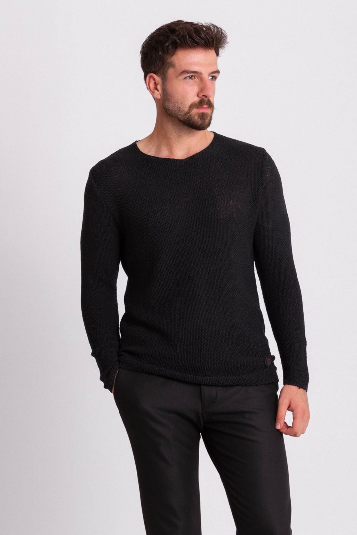 Black Cotton And Acrylic Fabric With Crew Neck Detail Casual Men's Knitwear