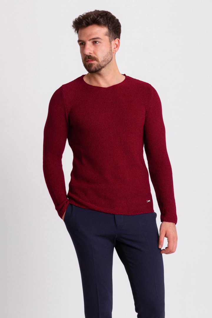 Claret Red Cotton And Acrylic Fabric With Crew Neck Detail Casual Men's Knitwear