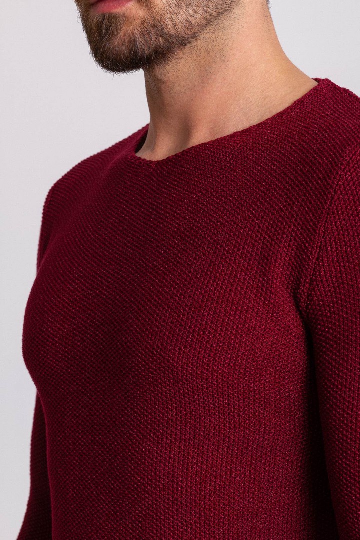 Claret Red Cotton And Acrylic Fabric With Crew Neck Detail Casual Men's Knitwear