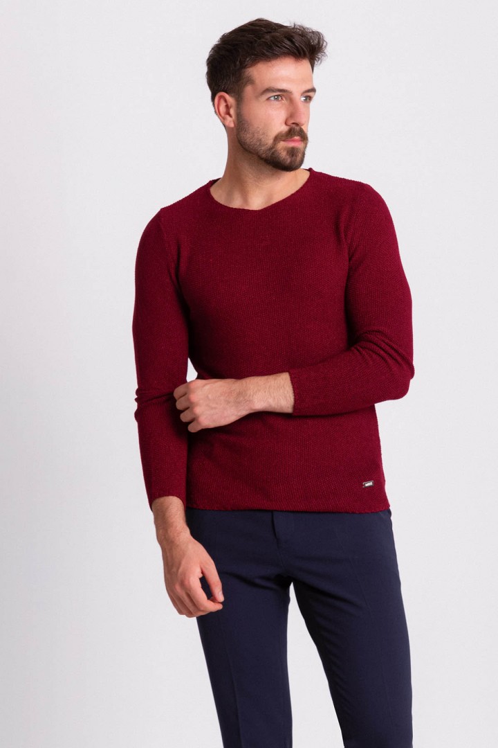 Claret Red Cotton And Acrylic Fabric With Crew Neck Detail Casual Men's Knitwear