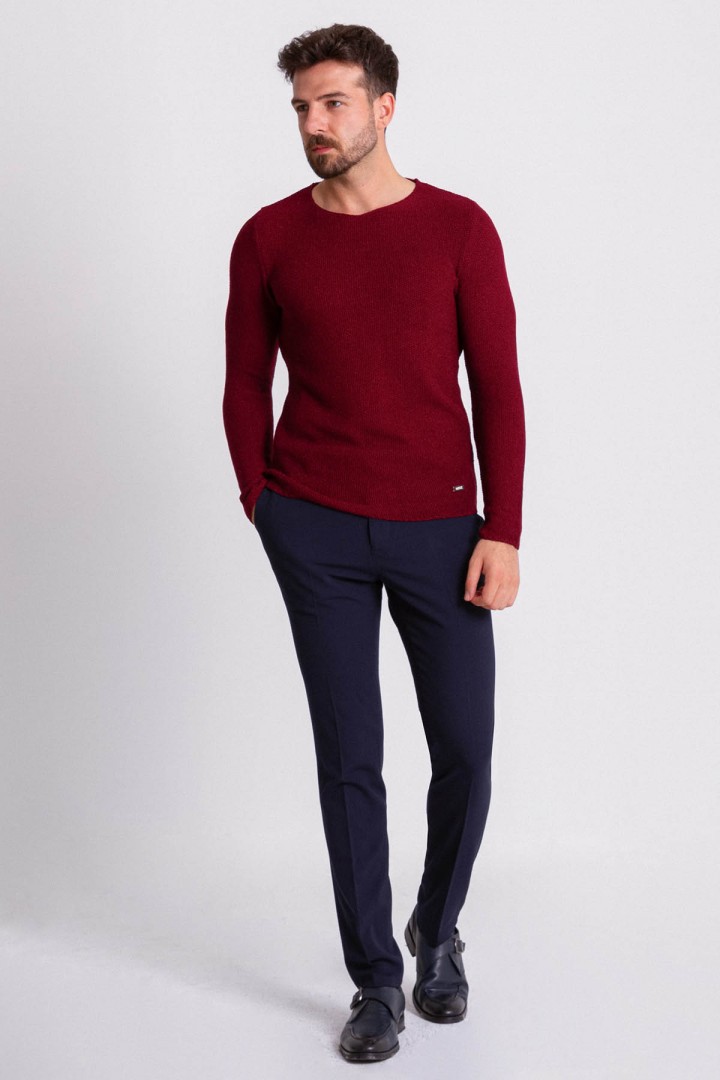Claret Red Cotton And Acrylic Fabric With Crew Neck Detail Casual Men's Knitwear