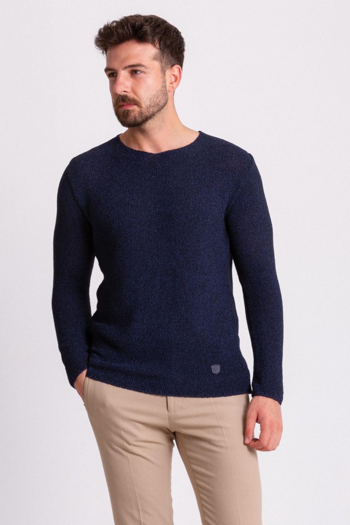 Dark Blue Cotton And Acrylic Fabric With Crew Neck Detail Casual Men's Knitwear