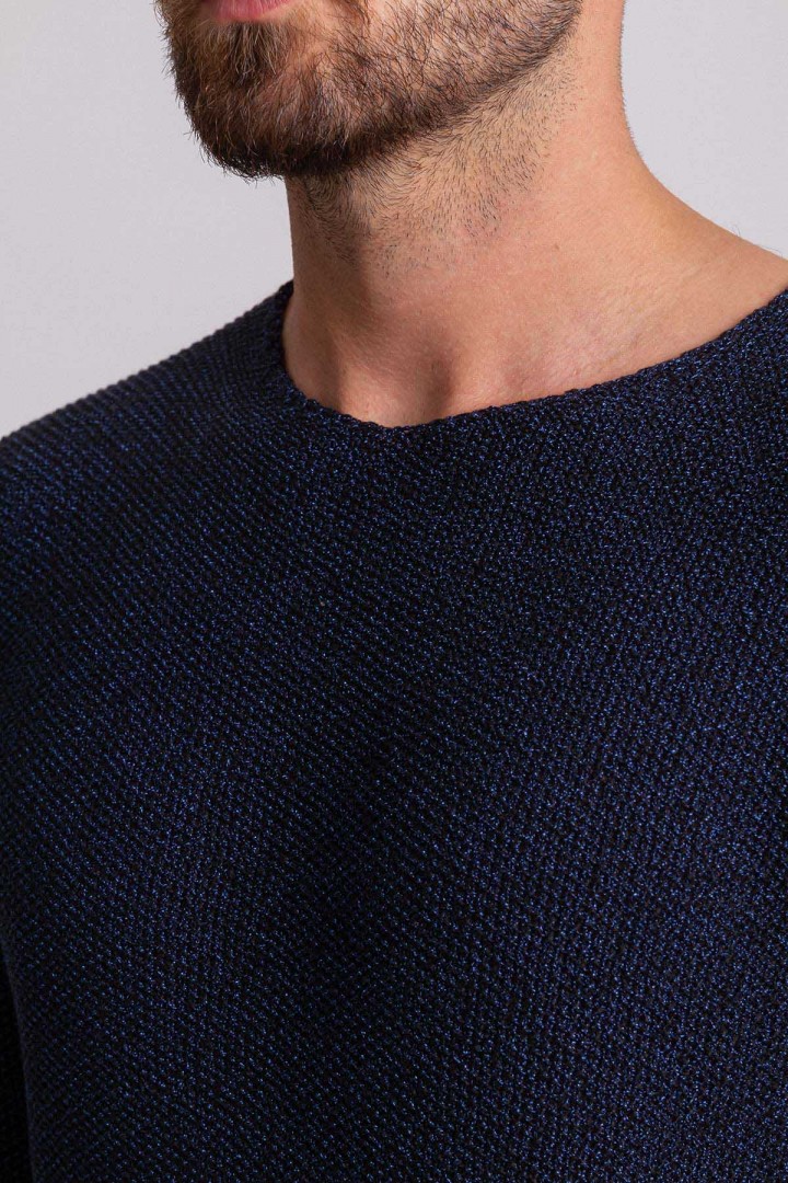 Dark Blue Cotton And Acrylic Fabric With Crew Neck Detail Casual Men's Knitwear