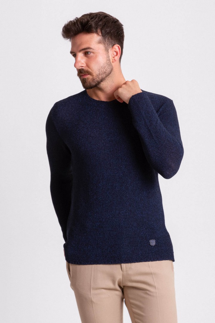 Dark Blue Cotton And Acrylic Fabric With Crew Neck Detail Casual Men's Knitwear