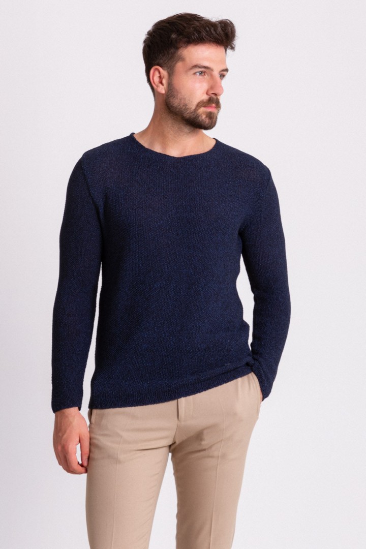 Dark Blue Cotton And Acrylic Fabric With Crew Neck Detail Casual Men's Knitwear