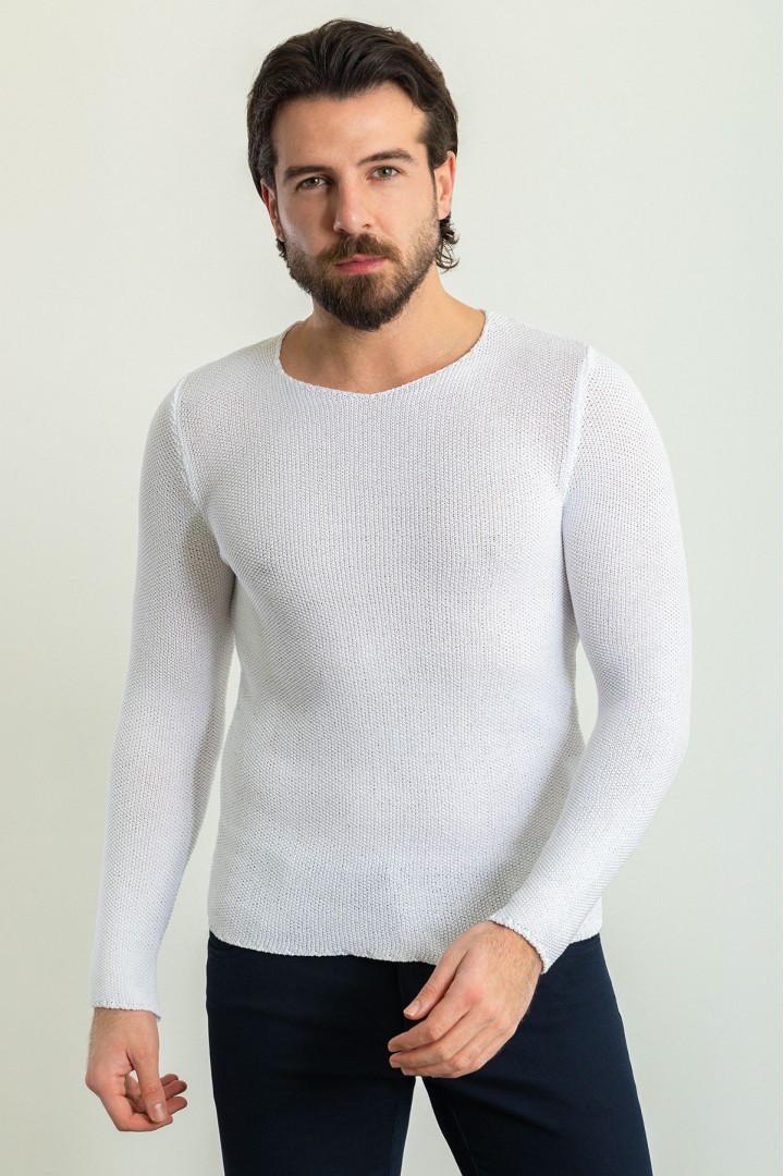 White Cotton And Acrylic Fabrics With Bike Collar Detailed Casual Mens Knitwear