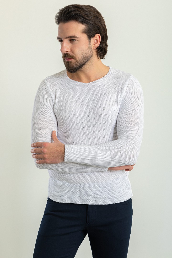 White Cotton And Acrylic Fabrics With Bike Collar Detailed Casual Mens Knitwear