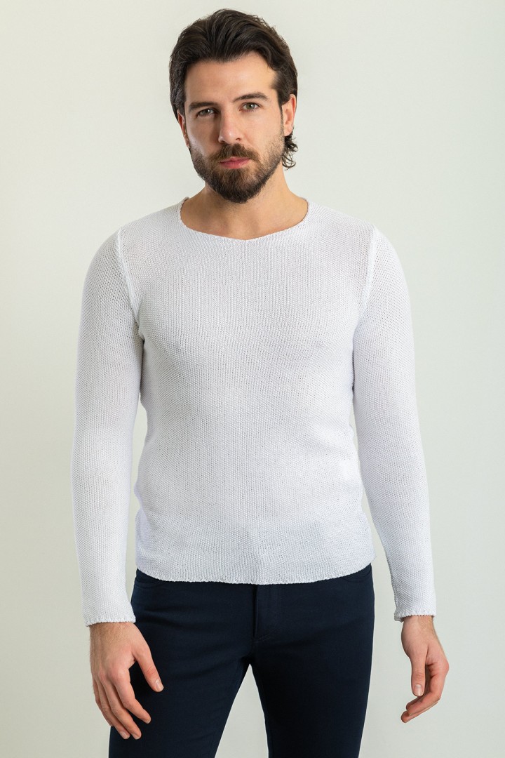 White Cotton And Acrylic Fabrics With Bike Collar Detailed Casual Mens Knitwear