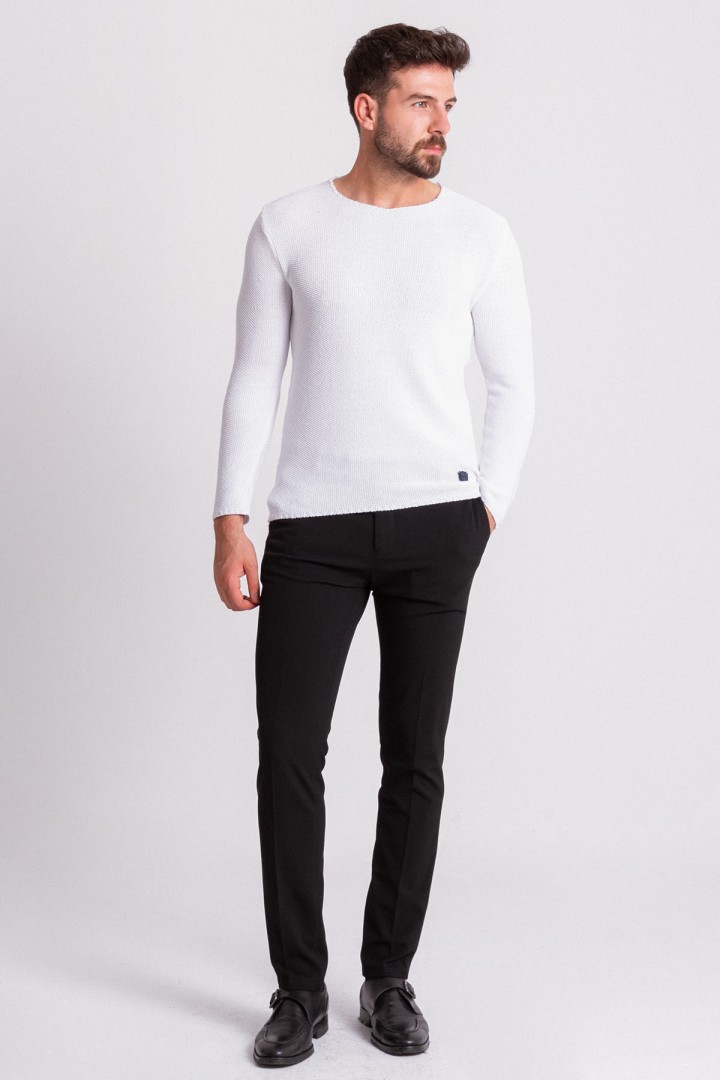White Cotton And Acrylic Fabrics With Bike Collar Detailed Casual Mens Knitwear