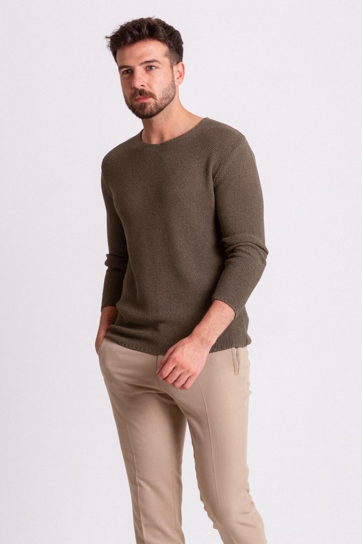 Khaki Cotton And Acrylic Fabric With Crew Neck Detail Casual Men's Knitwear