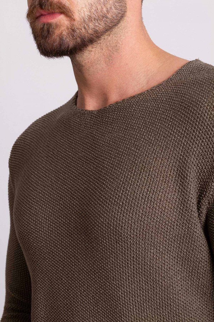 Khaki Cotton And Acrylic Fabric With Crew Neck Detail Casual Men's Knitwear