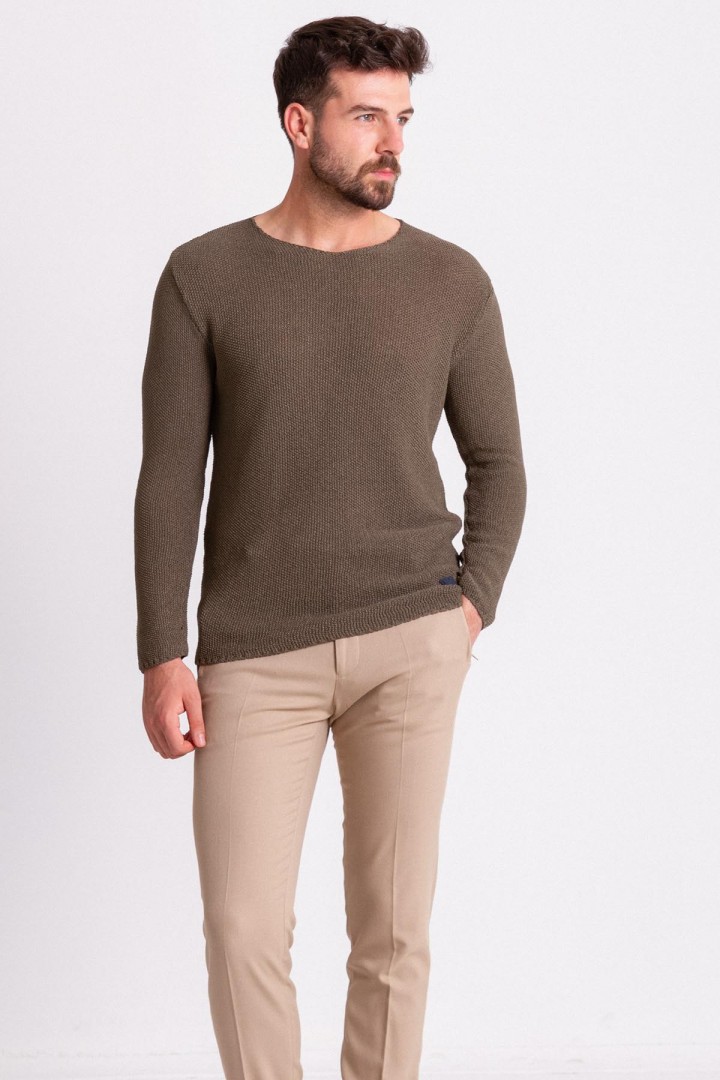 Khaki Cotton And Acrylic Fabric With Crew Neck Detail Casual Men's Knitwear