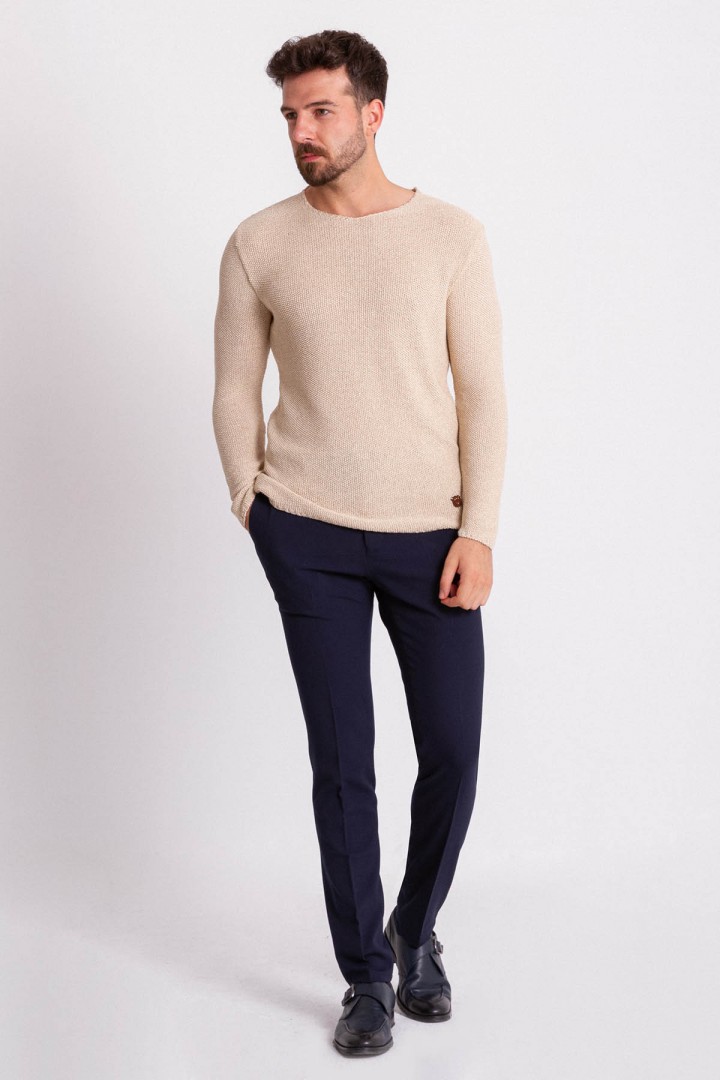 Beige Color Cotton And Acrylic Fabric With Crew Neck Detail Casual Men's Knitwear