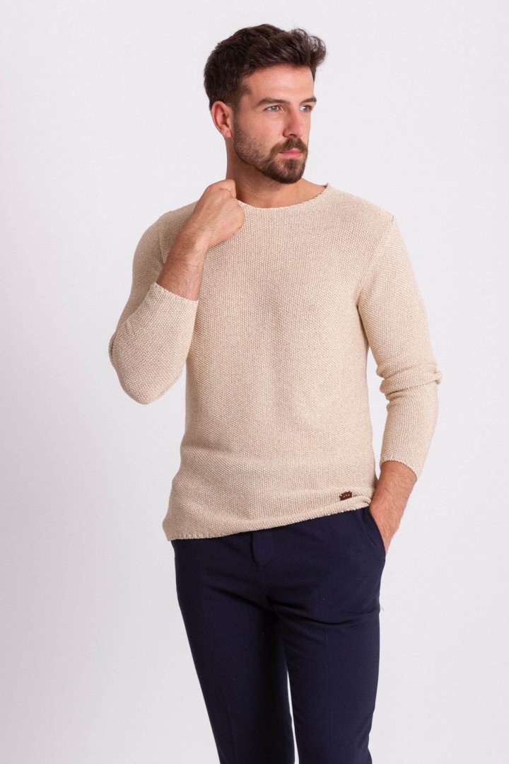 Beige Color Cotton And Acrylic Fabric With Crew Neck Detail Casual Men's Knitwear