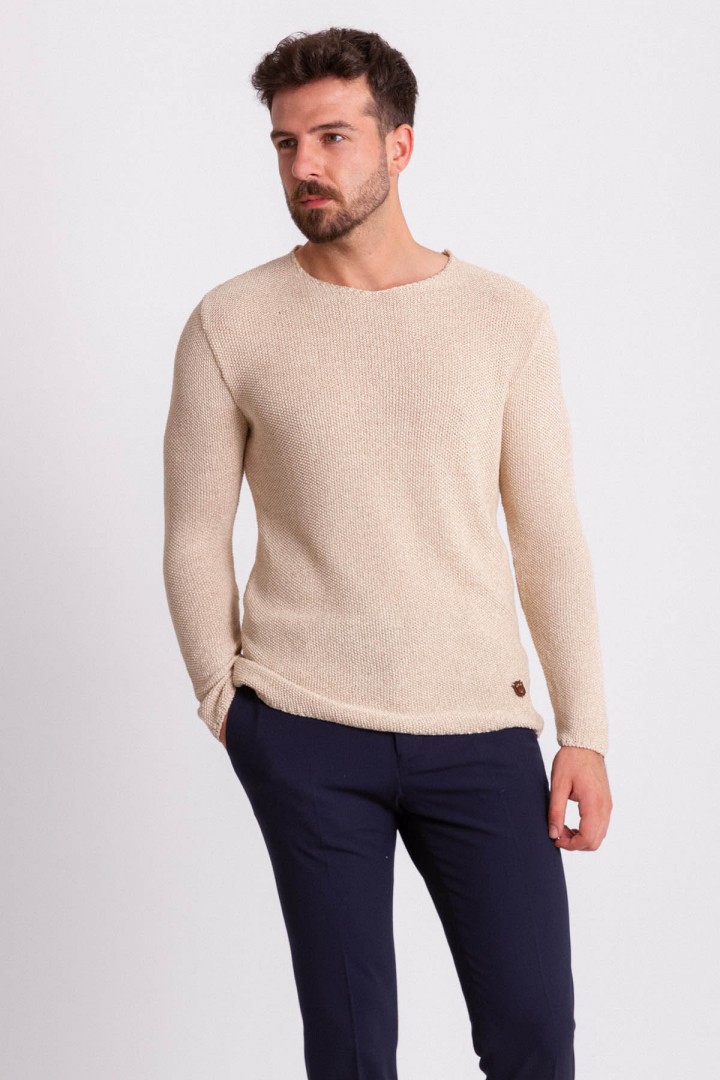 Beige Color Cotton And Acrylic Fabric With Crew Neck Detail Casual Men's Knitwear