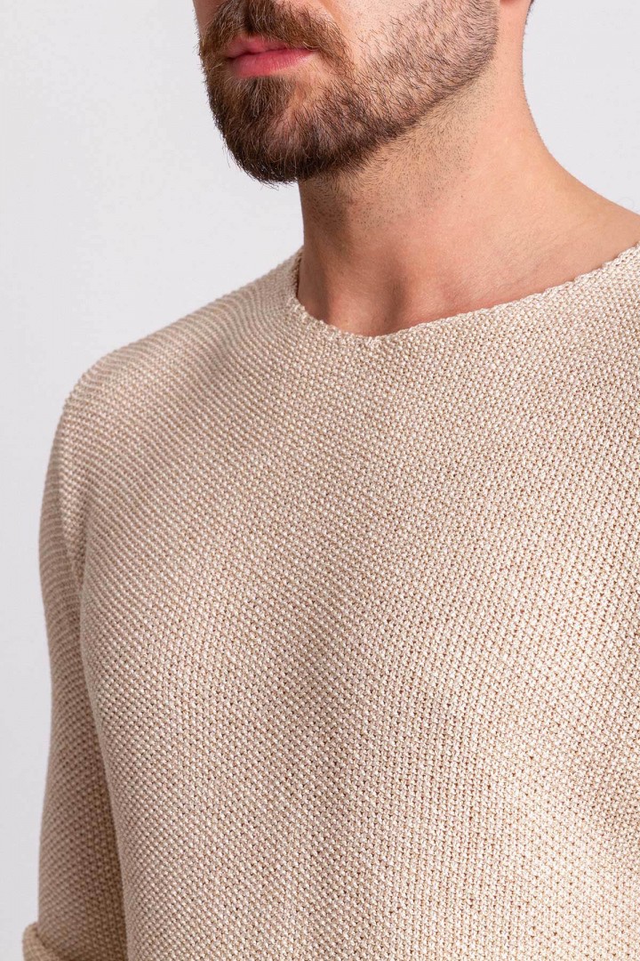Beige Color Cotton And Acrylic Fabric With Crew Neck Detail Casual Men's Knitwear