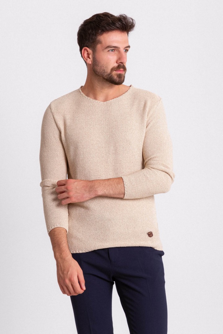 Beige Color Cotton And Acrylic Fabric With Crew Neck Detail Casual Men's Knitwear