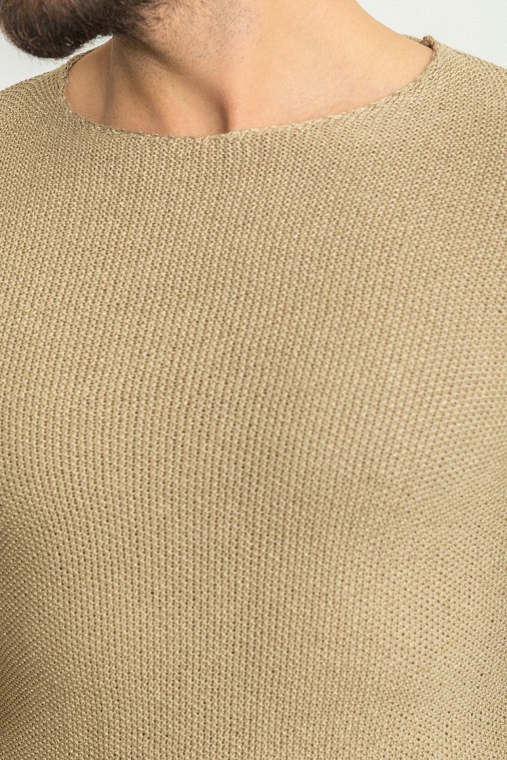 Stone Color Cotton And Acrylic Fabric With Crew Neck Detail Casual Men's Knitwear