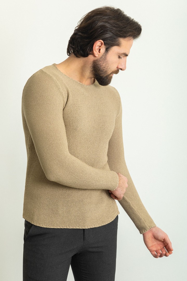 Stone Color Cotton And Acrylic Fabric With Crew Neck Detail Casual Men's Knitwear