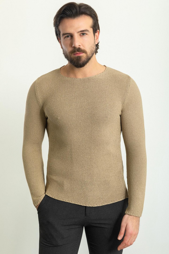 Stone Color Cotton And Acrylic Fabric With Crew Neck Detail Casual Men's Knitwear