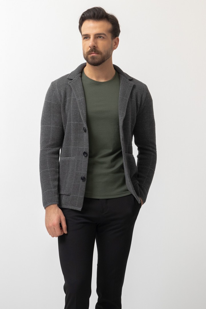 Anthracite Color Cotton And Acrylic Fabric Casual Men's Knit Jacket