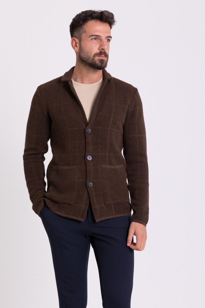 Brown Color Cotton And Acrylic Fabric Casual Men's Knit Jacket
