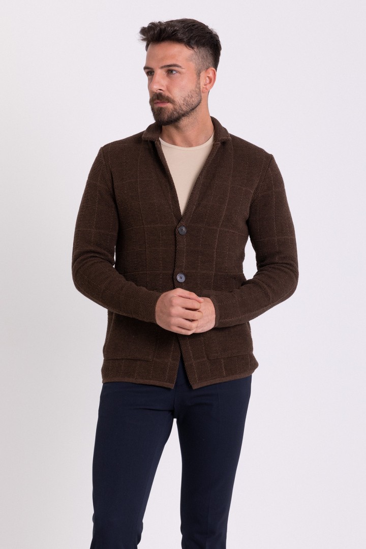 Brown Color Cotton And Acrylic Fabric Casual Men's Knit Jacket