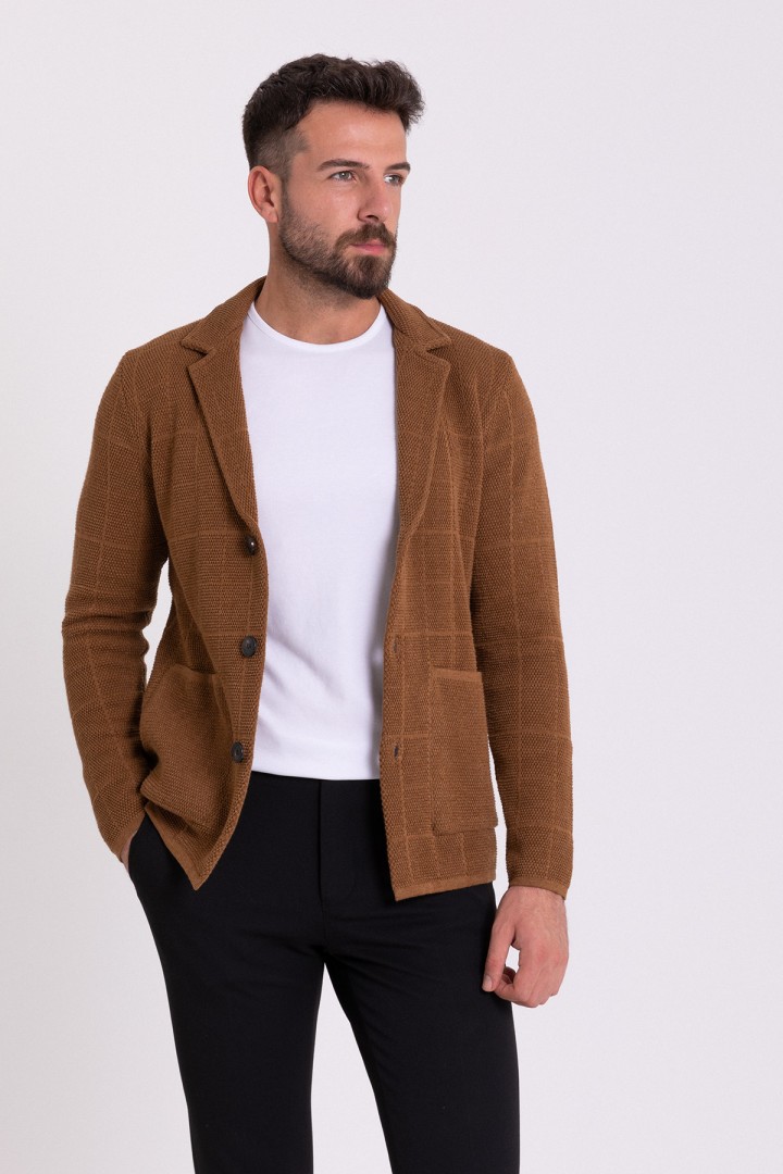 Camel Color Cotton And Acrylic Fabric Casual Men's Knit Jacket