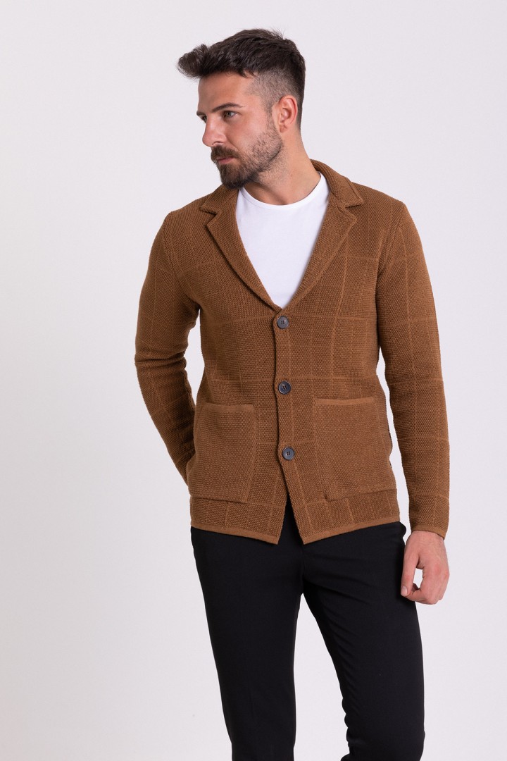 Camel Color Cotton And Acrylic Fabric Casual Men's Knit Jacket