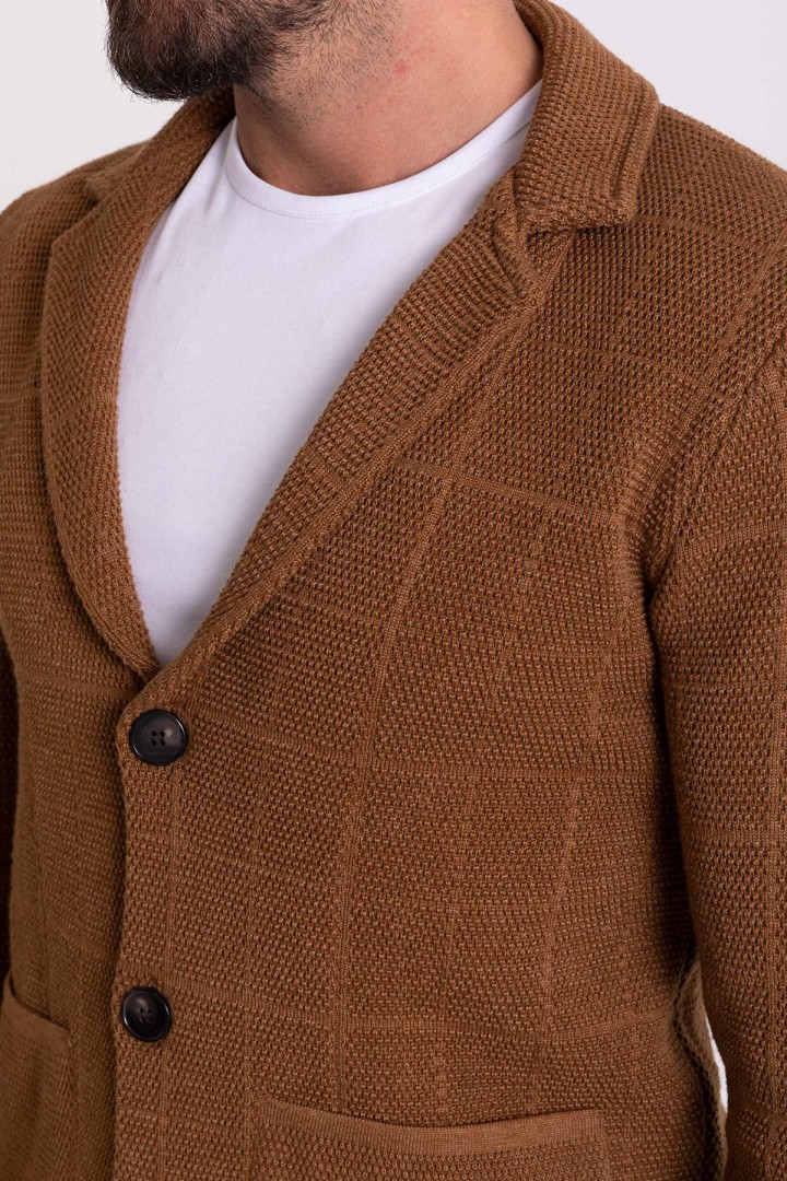 Camel Color Cotton And Acrylic Fabric Casual Men's Knit Jacket