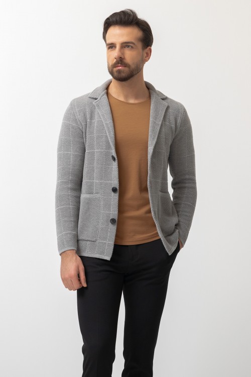Light Grey Color Cotton And Acrylic Fabric Casual Men's Knit Jacket