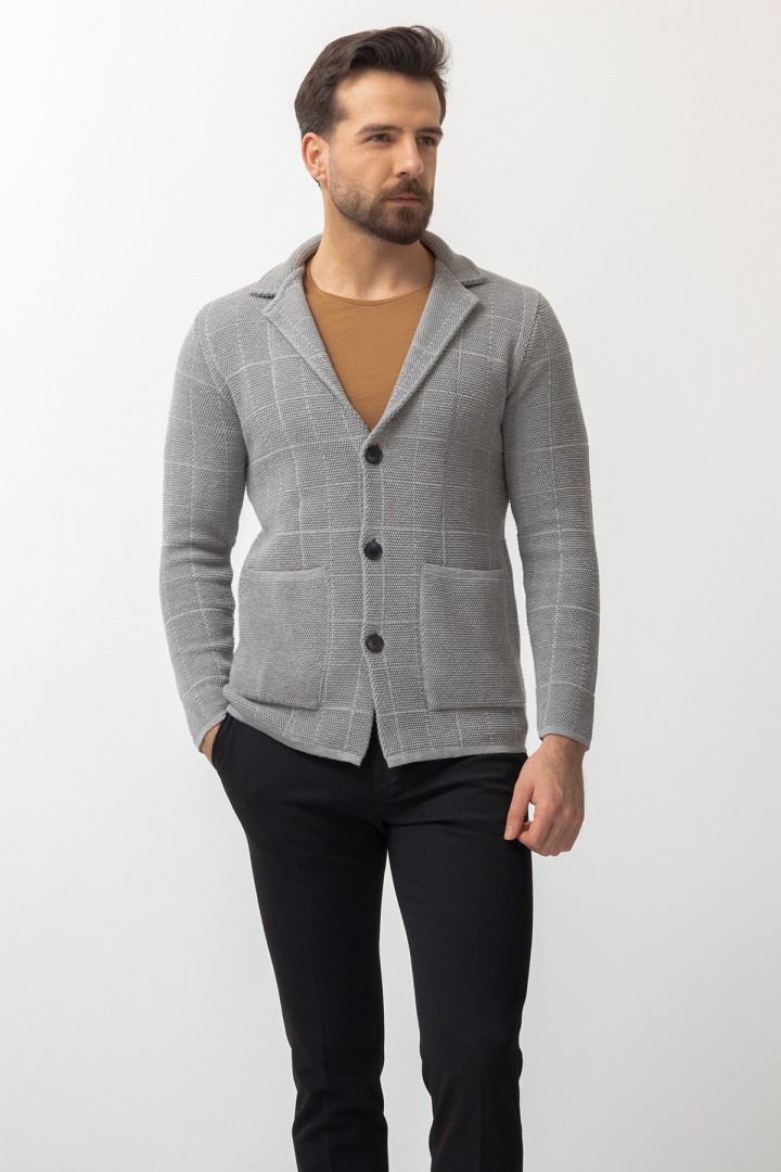 Light Grey Color Cotton And Acrylic Fabric Casual Men's Knit Jacket