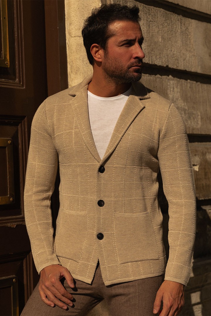 Beige Color Cotton And Acrylic Fabric Casual Men's Knit Jacket
