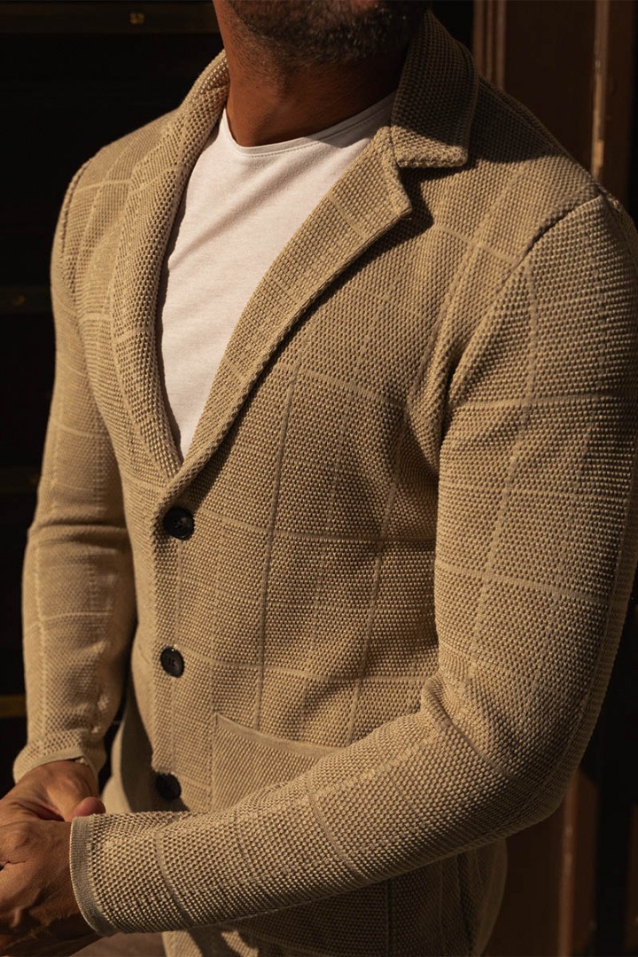 Beige Color Cotton And Acrylic Fabric Casual Men's Knit Jacket