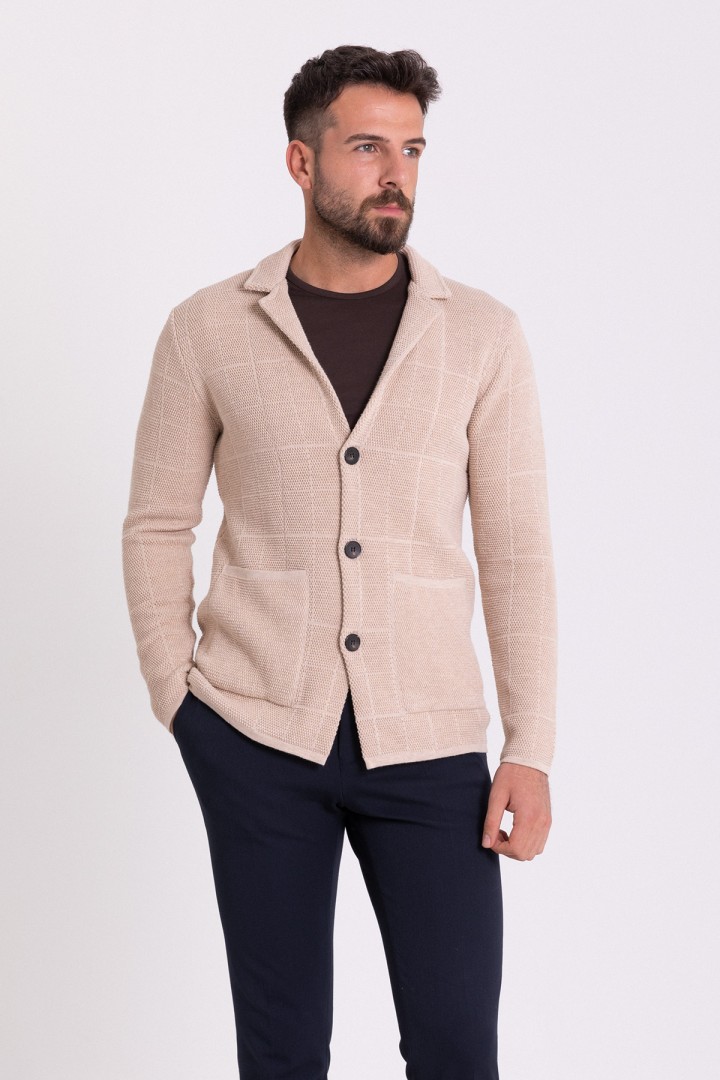 Beige Color Cotton And Acrylic Fabric Casual Men's Knit Jacket