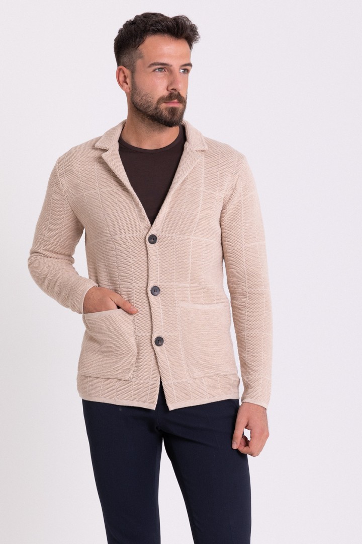 Beige Color Cotton And Acrylic Fabric Casual Men's Knit Jacket