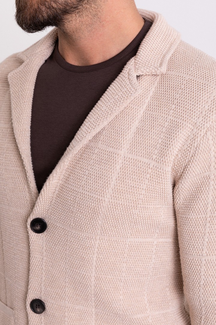 Beige Color Cotton And Acrylic Fabric Casual Men's Knit Jacket