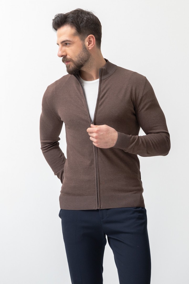 Brown Color Viscose And Elastane Fabric With Zippered Detail Mandarin Collar Men's Knitted Cardigan