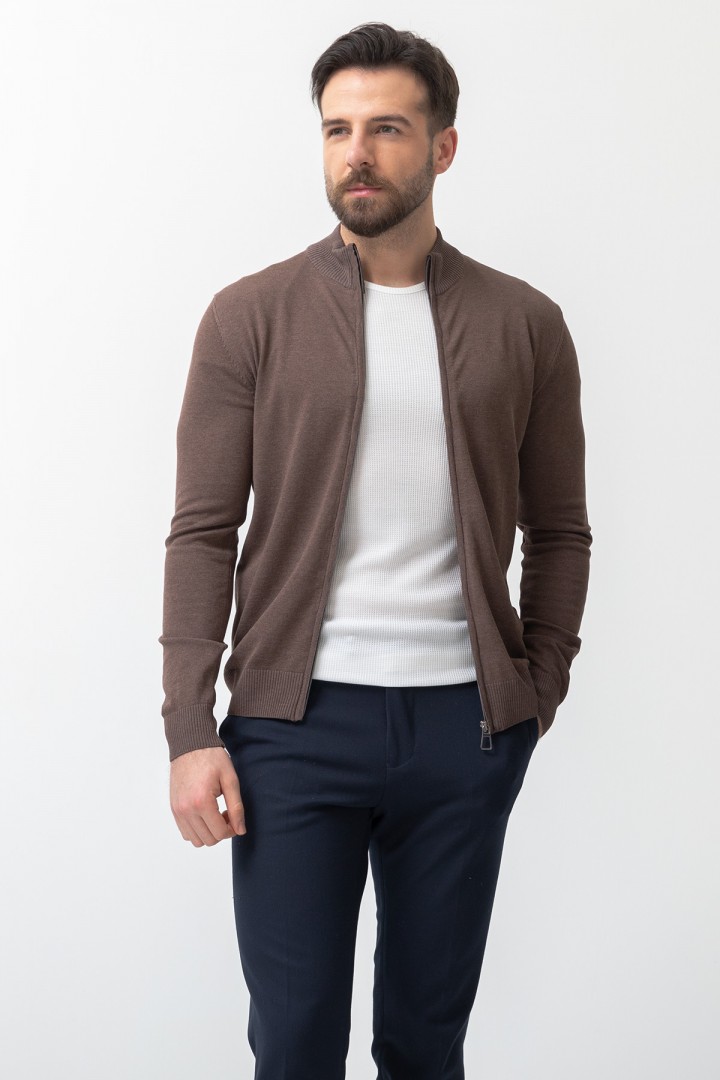 Brown Color Viscose And Elastane Fabric With Zippered Detail Mandarin Collar Men's Knitted Cardigan