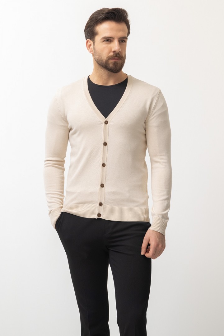 Beige Cotton And Elastane Fabric Knitted Design Classic Men's Sweater