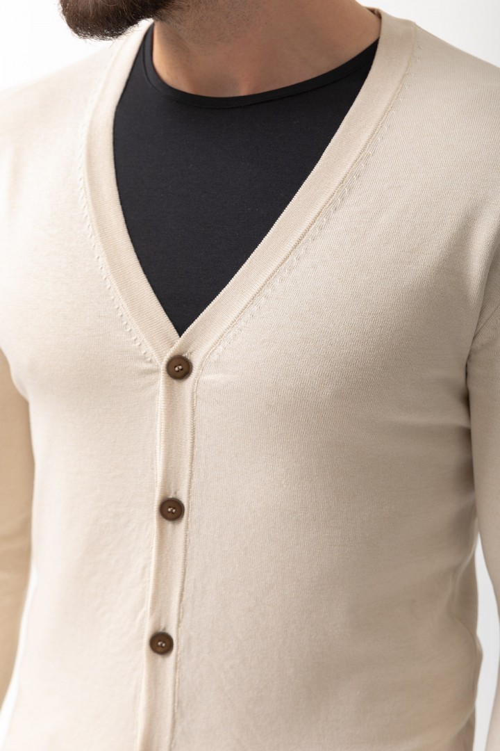 Beige Cotton And Elastane Fabric Knitted Design Classic Men's Sweater