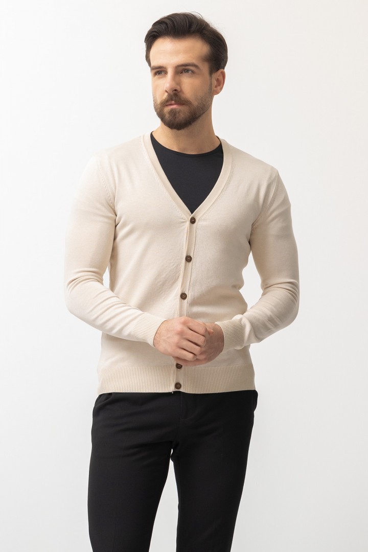 Beige Cotton And Elastane Fabric Knitted Design Classic Men's Sweater