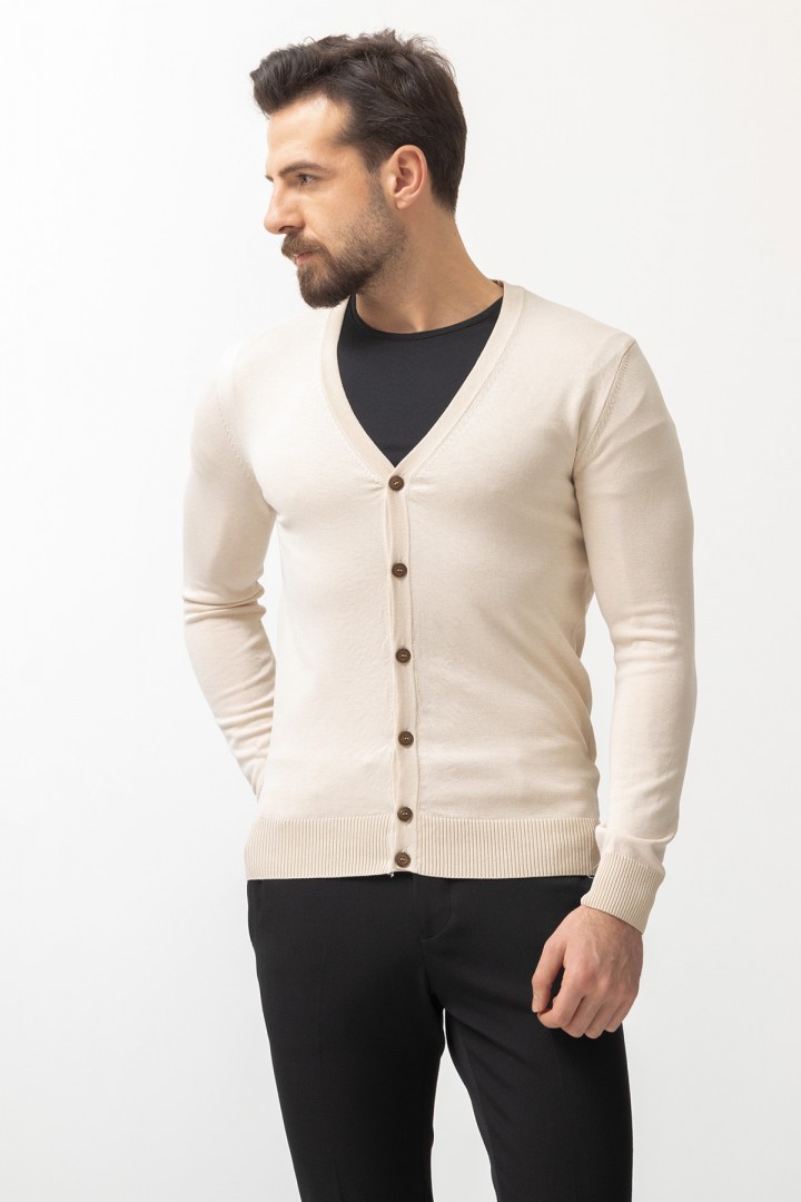 Beige Cotton And Elastane Fabric Knitted Design Classic Men's Sweater