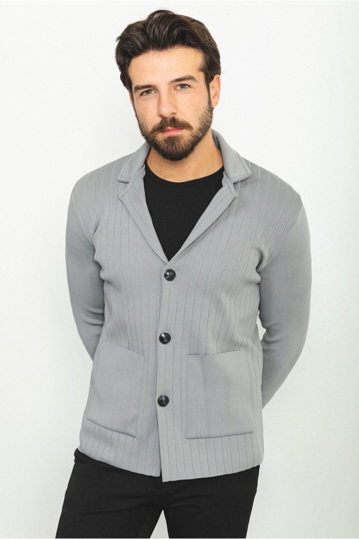 Anthracite Color Wool And Acrylic Fabric With Hanging Pocket And Wide Collar Detail Casual Men's Knitwear
