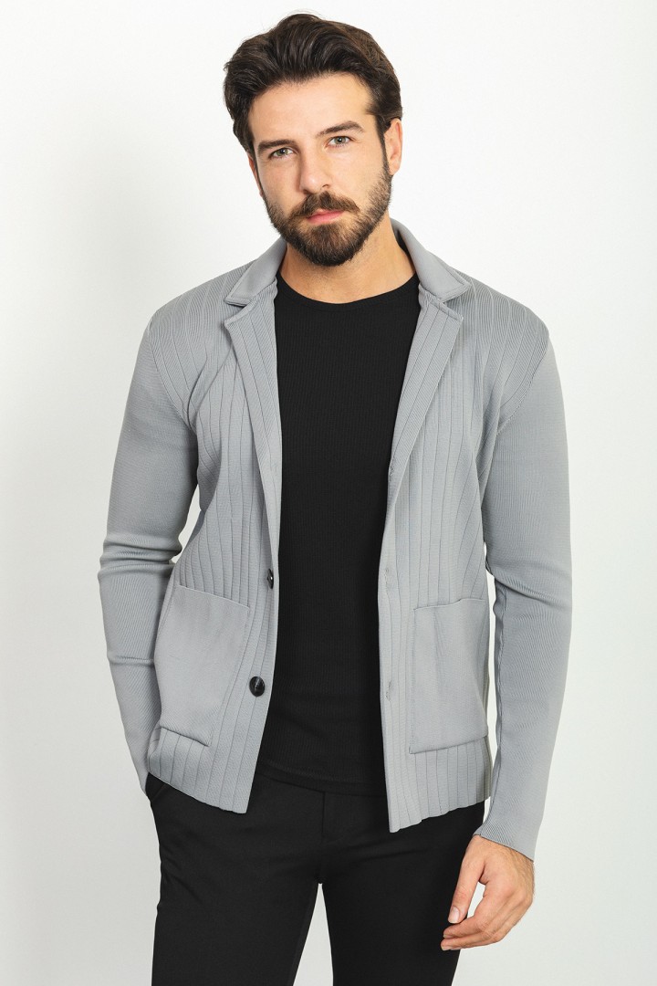 Anthracite Color Wool And Acrylic Fabric With Hanging Pocket And Wide Collar Detail Casual Men's Knitwear
