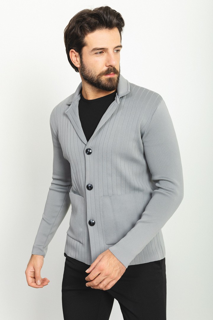 Anthracite Color Wool And Acrylic Fabric With Hanging Pocket And Wide Collar Detail Casual Men's Knitwear