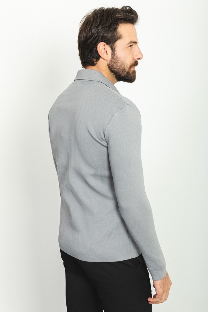 Anthracite Color Wool And Acrylic Fabric With Hanging Pocket And Wide Collar Detail Casual Men's Knitwear